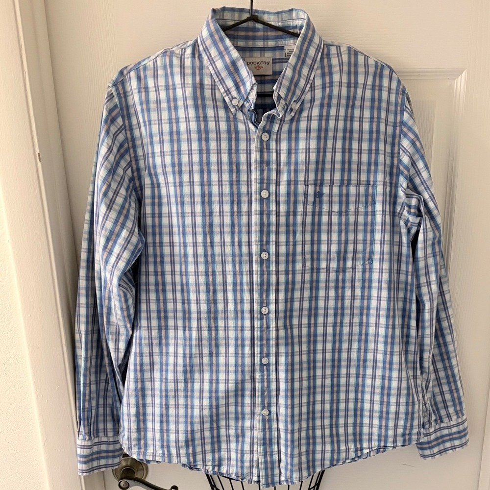 Dockers Men's Plaid Button Down Shirt Blue Aqua Cotton Long Sleeve Sz L